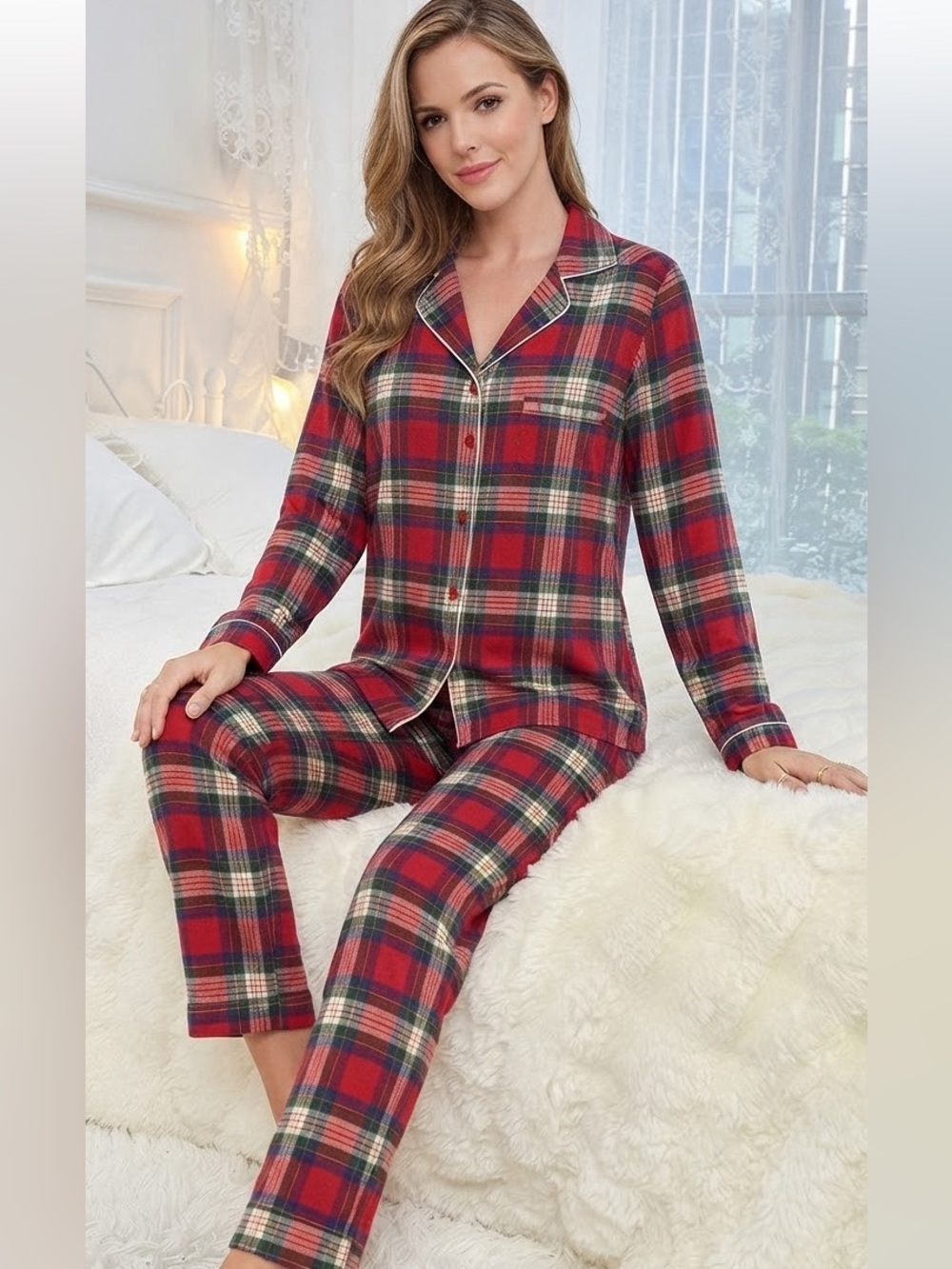 Sleep Sense Women's 2-Piece Pajama Set Flannel Red Plaid Sleep Shirt Pants Sz M